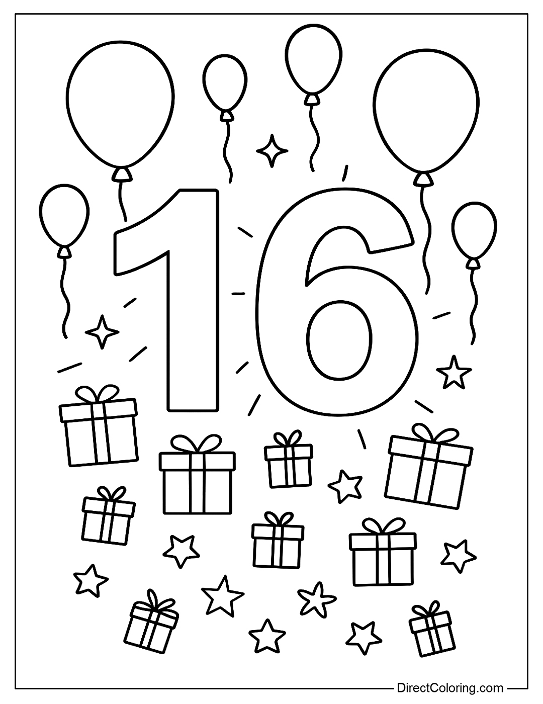 number 16 coloring page decorated with balloons and small gift boxes